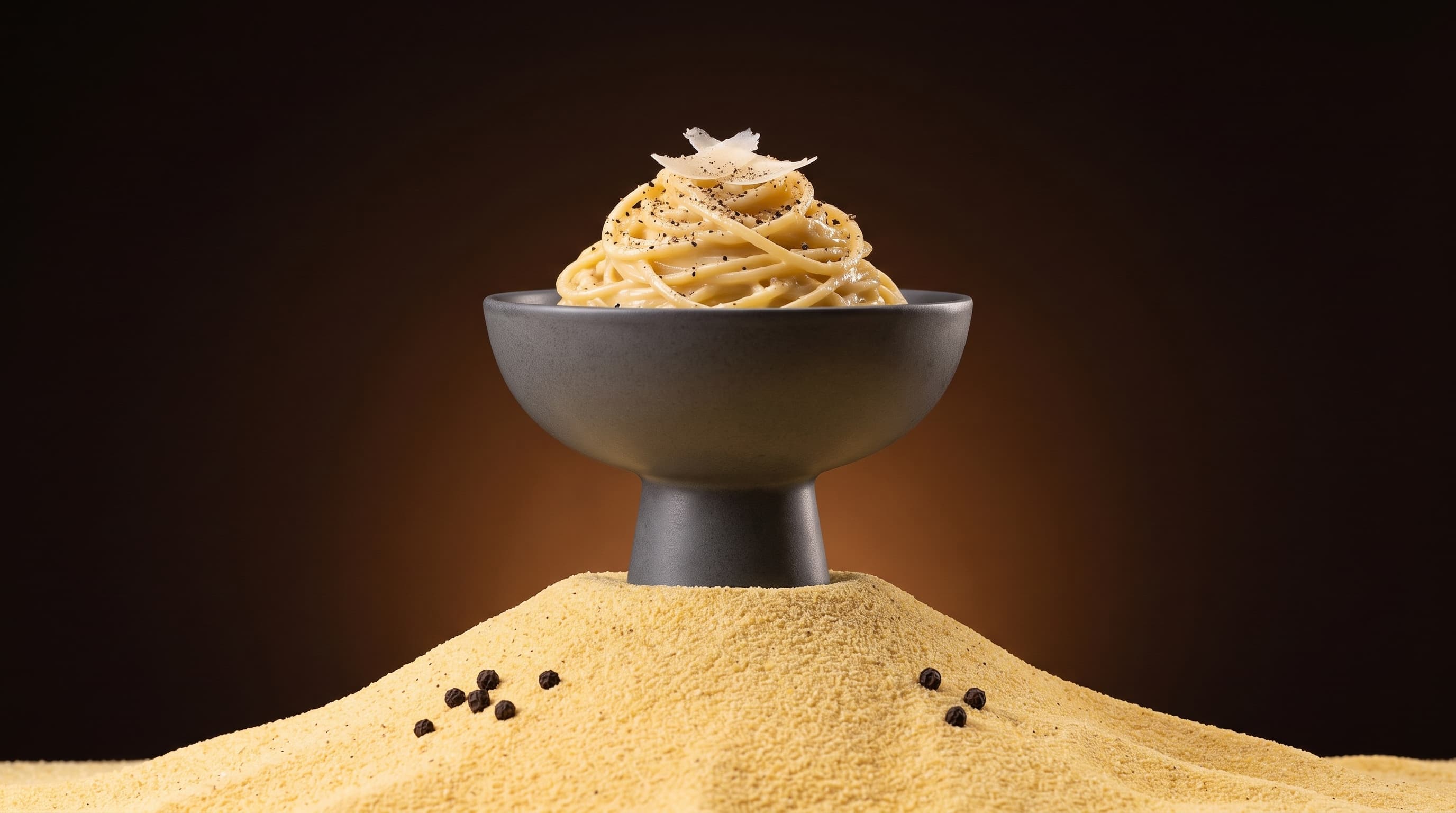 Spaghetti cacio e pepe piled high in a charcoal pedestal bowl, standing on a mound of golden semolina